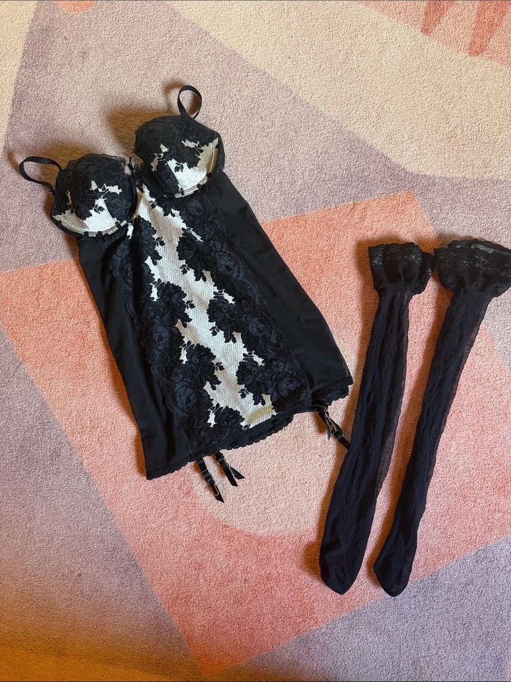 Vintage Victoria’s Secret Lace Bustier Chemise with Matching Thigh-Highs